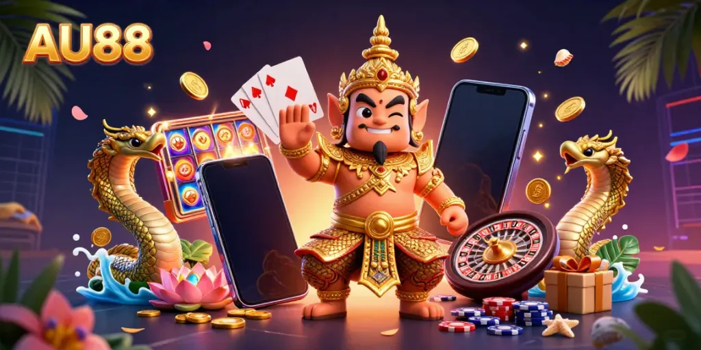 Join the excitement at AU88 with vibrant characters and dynamic gaming elements in this stunning illustration.