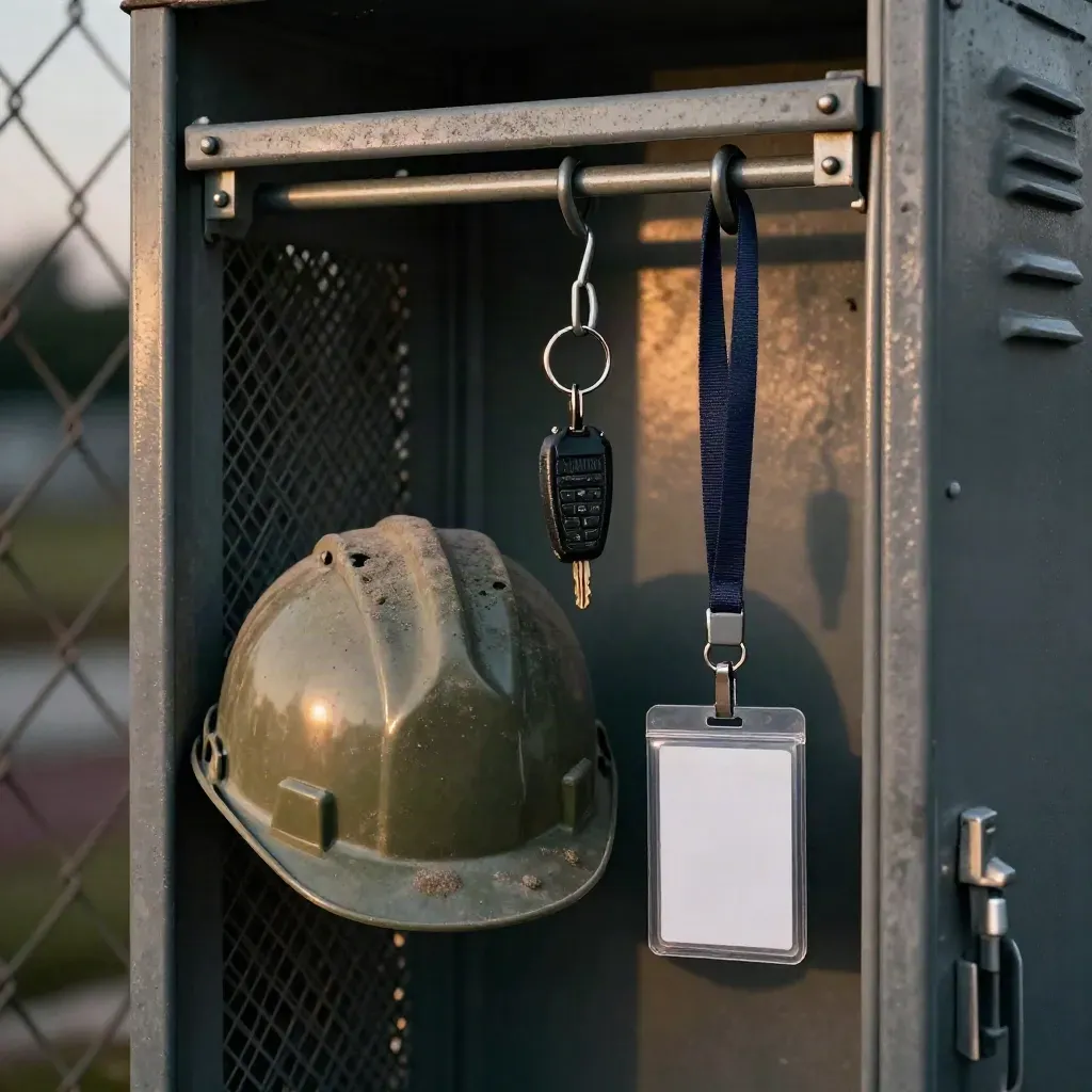 Site manager kit hanging in dusk with hard hat, key fob and card holder