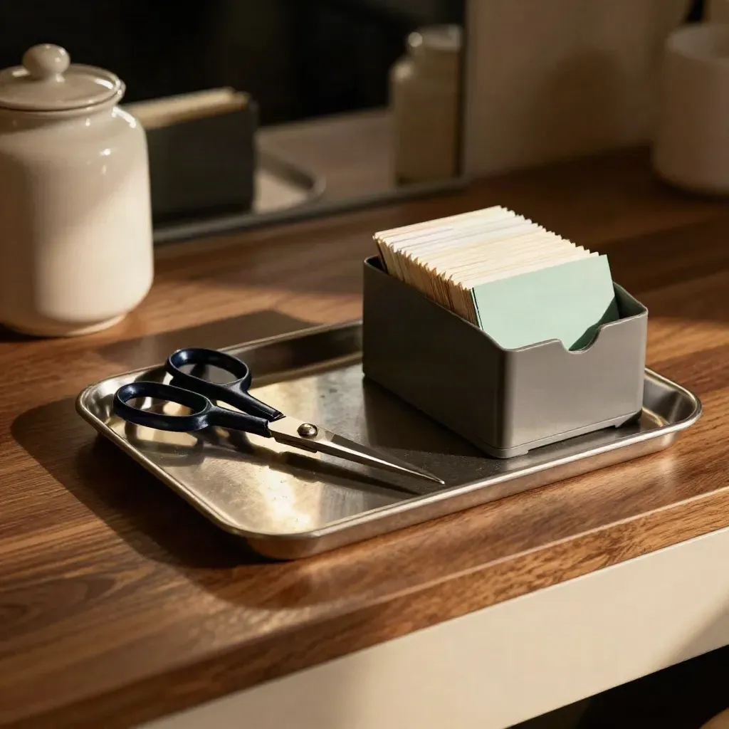 Salon scissors, card sleeves and a tidy card caddy on a warm counter with a blurred jar