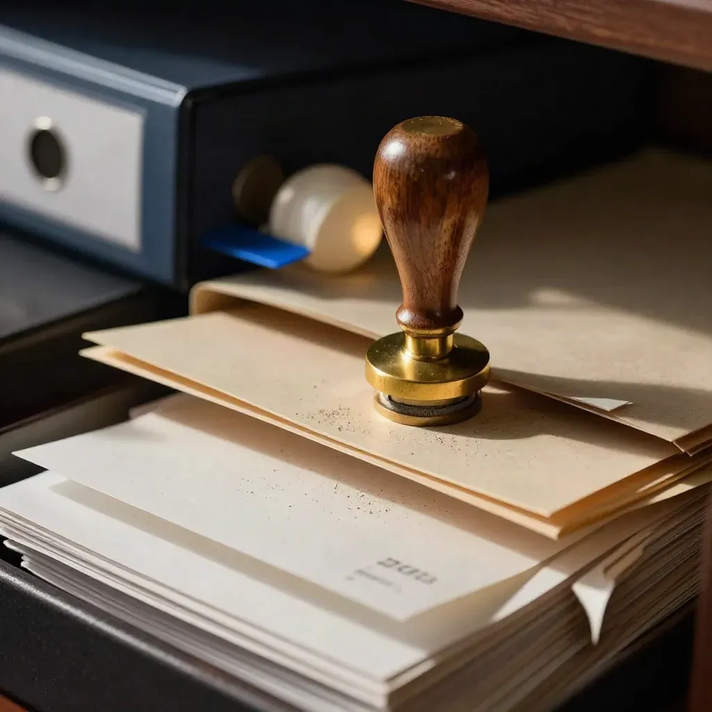 Brass stamp, archive folders and receipt box on a dark shelf with blue accent