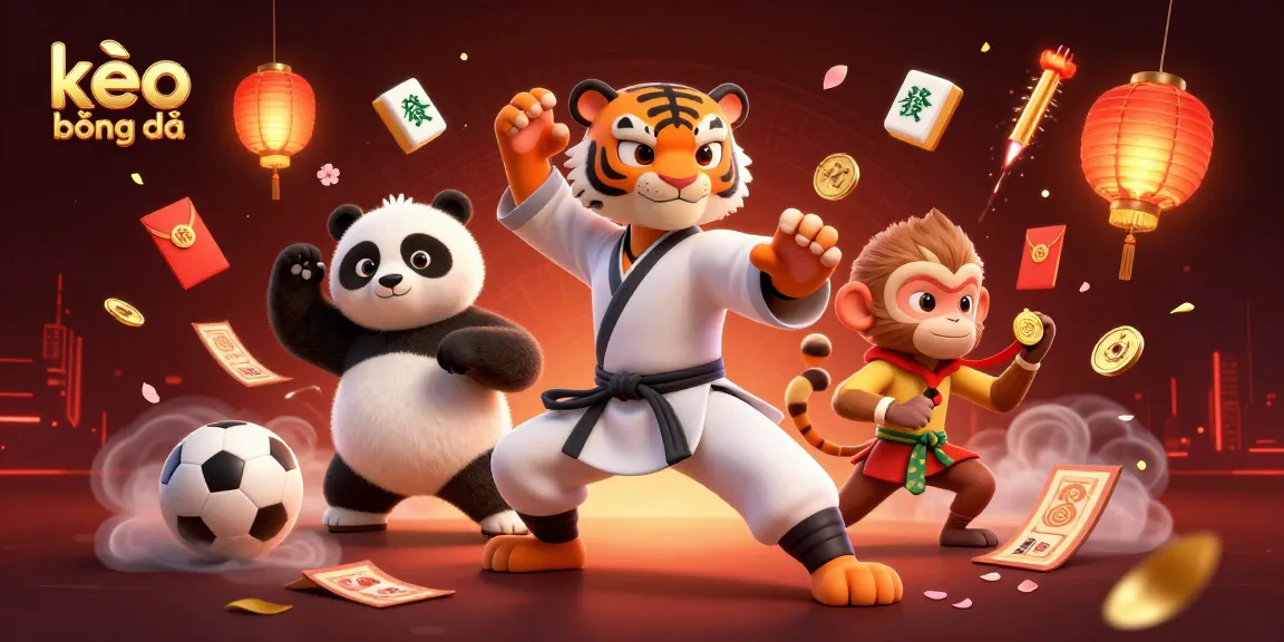 Engage with kèo bóng đá in an ultra-detailed 3D scene featuring kung fu tiger, panda, and monkey amidst vibrant elements.