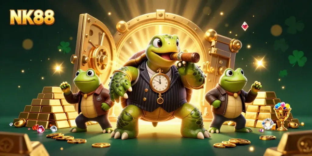 Experience an exciting NK88 casino scene with a mobster turtle and bullfrog enforcers amidst treasures.