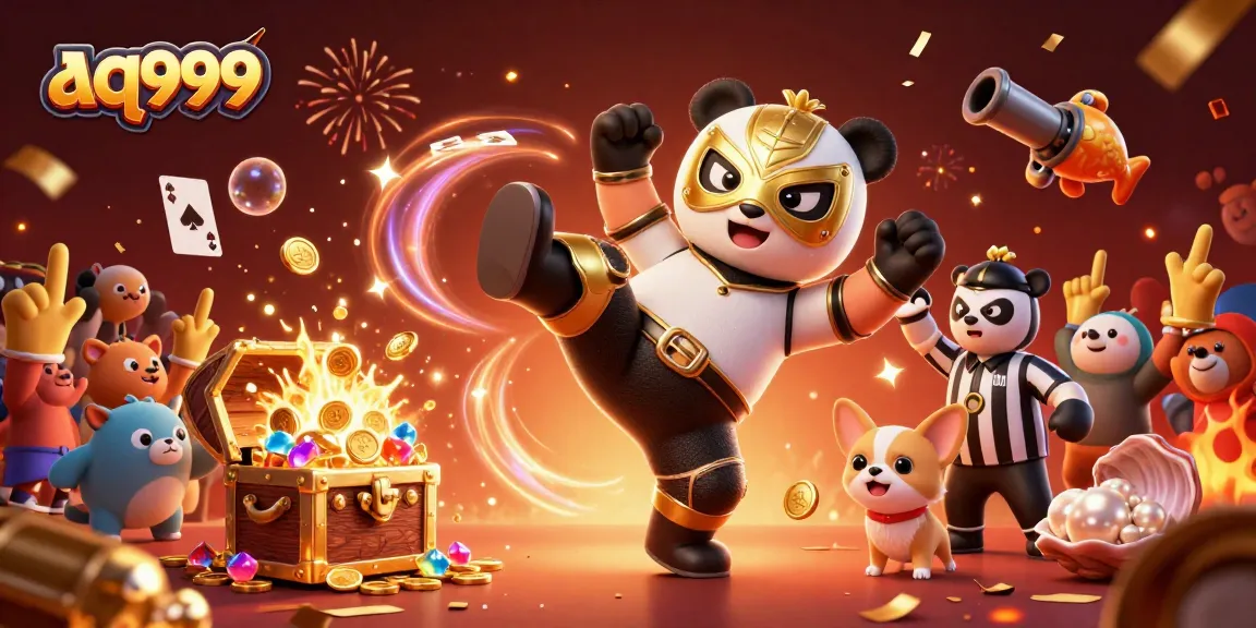 A dynamic scene showcasing aq999 where a panda wrestler kicks while a referee counts, surrounded by thematic gambling elements.