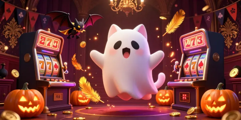Spin winning slots with tt88 in a lively haunted casino scene featuring playful characters.