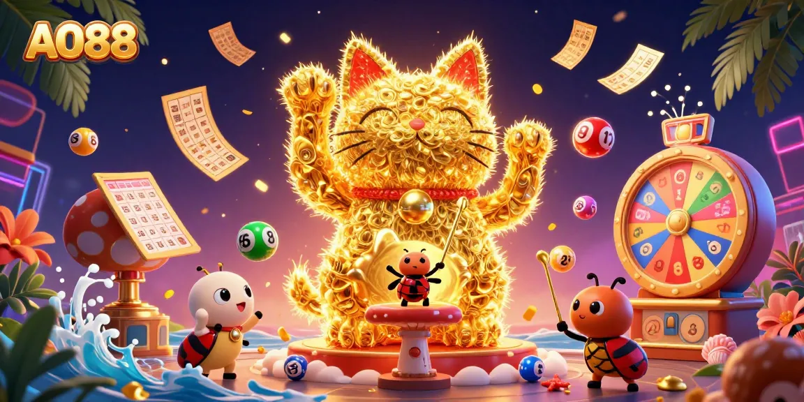 Engage with AO88's vibrant gaming atmosphere featuring a lucky cat and dynamic casino symbols.