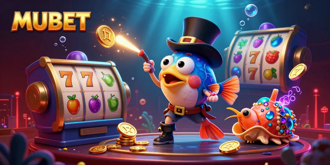 MUBET attracts golden coins in a vibrant casino scene with a top-hat anglerfish, pirate shrimp, and gemstone snail.