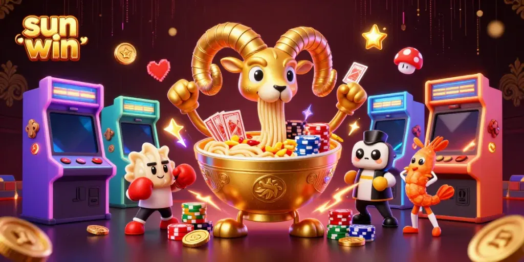 Visit the sun win gaming world featuring giant ramen bowl characters and vibrant casino elements.