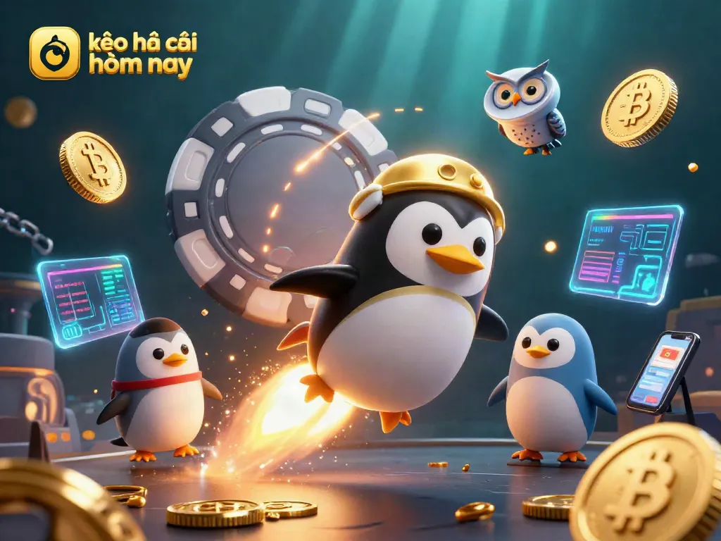 Engage in kèo nhà cái hôm nay with this dynamic space scene featuring a golden penguin and blockchain coins.