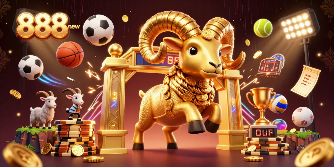 Experience dynamic sports betting with 888new, featuring a golden ram and energetic game elements.