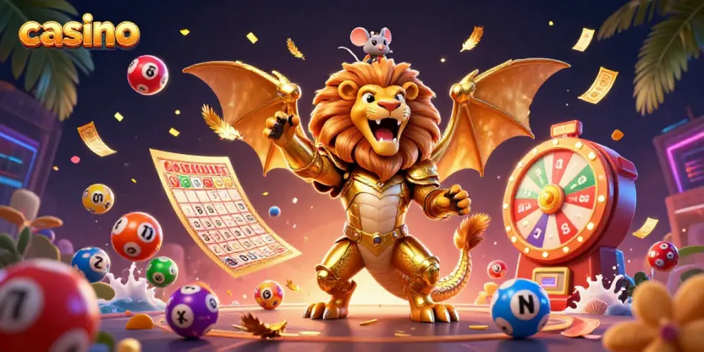 Experience the excitement of a casino with colorful lottery elements and a triumphant chimera.
