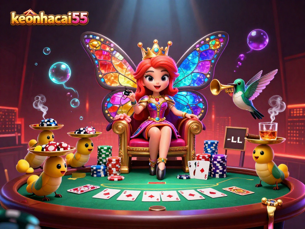 Engage with keonhacai55 in this vibrant 3D casino scene featuring a butterfly queen surrounded by poker elements.