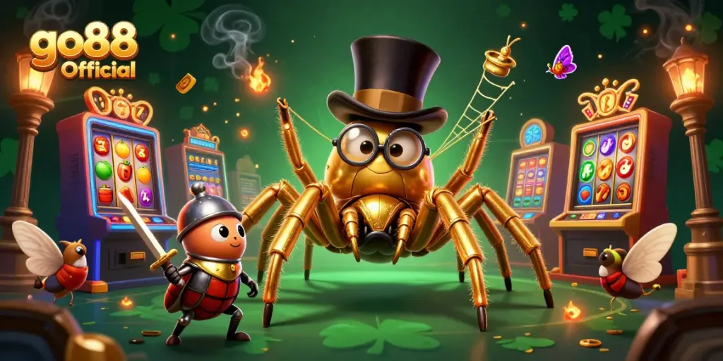 Experience thrilling gameplay with go88 Official as a giant golden tarantula weaves a web among vibrant slot machines.