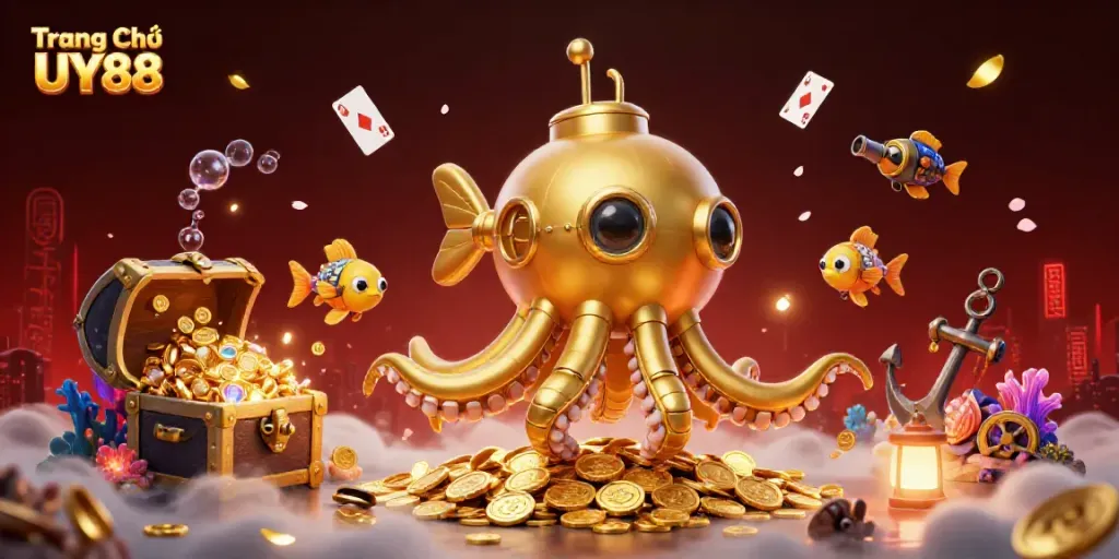 Engage with the thrilling realm of Trang Chủ UY88, featuring colorful gold coins, a golden kraken submarine, and mechanical fish in a captivating casino scene.