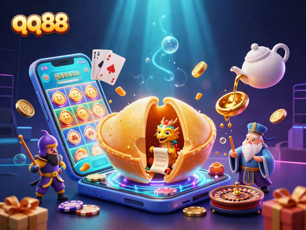 Engage with the vibrant qq88 casino experience featuring a golden fortune cookie and dynamic gaming elements.