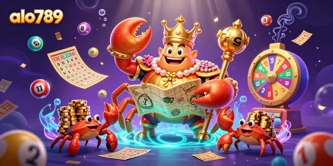 Engage with alo789 in a vibrant, action-packed casino scene showcasing lively gambling elements and golden crab characters.