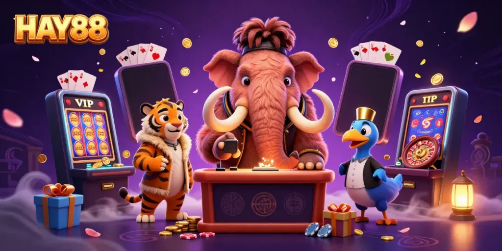 HAY88 showcases a vibrant casino scene with a woolly mammoth bouncer and a saber-tooth tiger VIP.