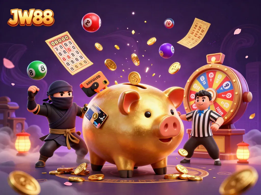 Engage with JW88, where a sumo piggy bank wrestler stomps and scatters golden coins.