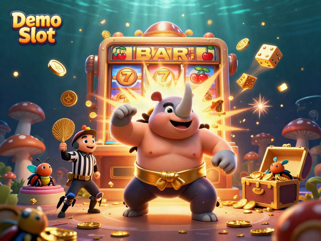 Experience thrilling Demo Slot gameplay with dynamic visuals of a beetle sumo champion and vibrant casino elements.