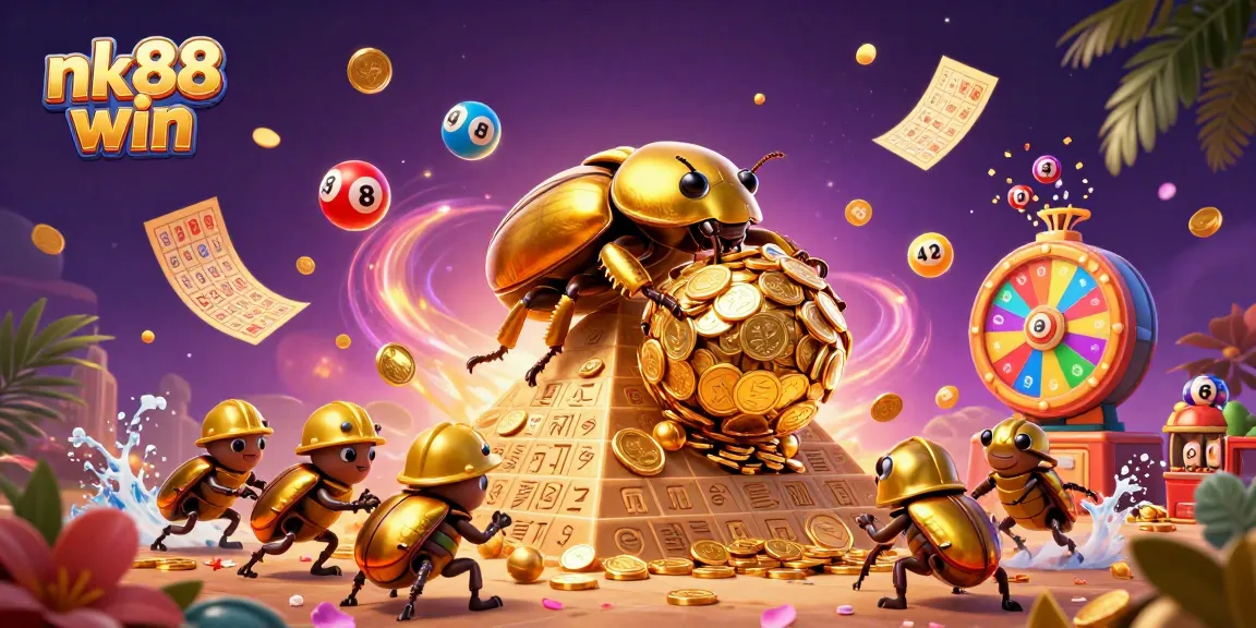Engage in thrilling gameplay with nk88 win as golden beetles roll coins and lottery balls bounce around.