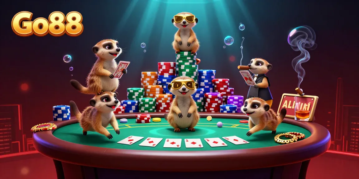 Experience excitement at Go88 as meerkats orchestrate a lively casino scene with poker tables and colorful chip stacks.