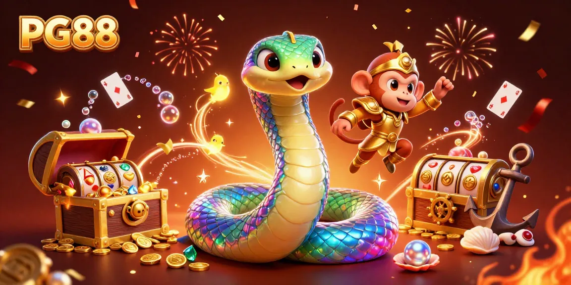 Play and win with PG88 - vibrant 3D cartoon scene featuring a serpent, monkey king, and casino elements.