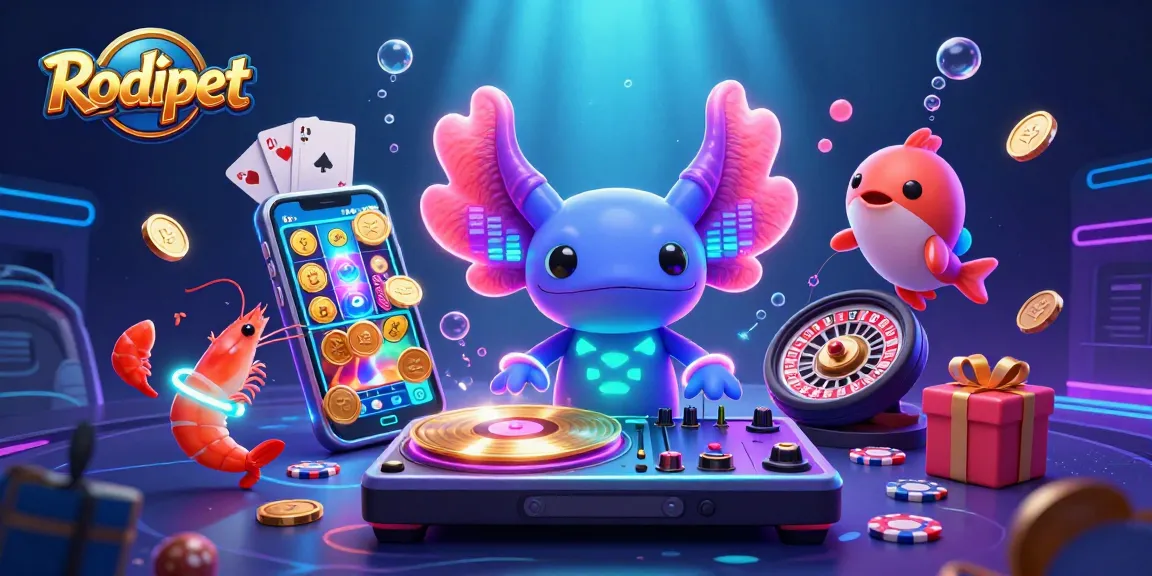 Rodipet features a vibrant DJ scene with axolotl, shrimp, and blowfish in a dynamic casino atmosphere.