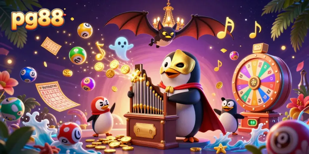 Experience the excitement of pg88 with a vibrant casino-themed illustration featuring animated characters and gambling elements.
