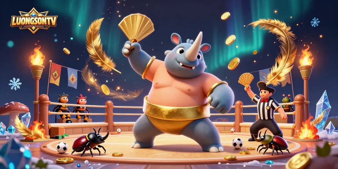 LUONGSONTV features vibrant 3D gambling scene with a rhinoceros beetle champion showcasing sports betting excitement.