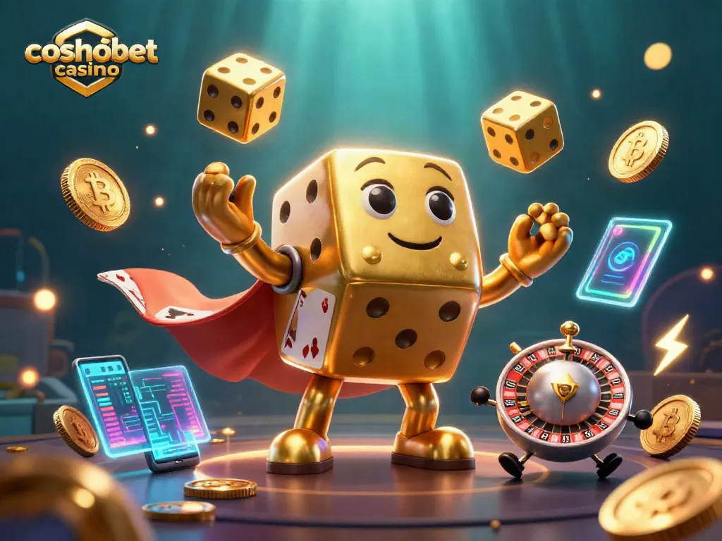 Experience the thrill of cosmobet casino with golden dice and cryptocurrency elements in a vibrant scene.