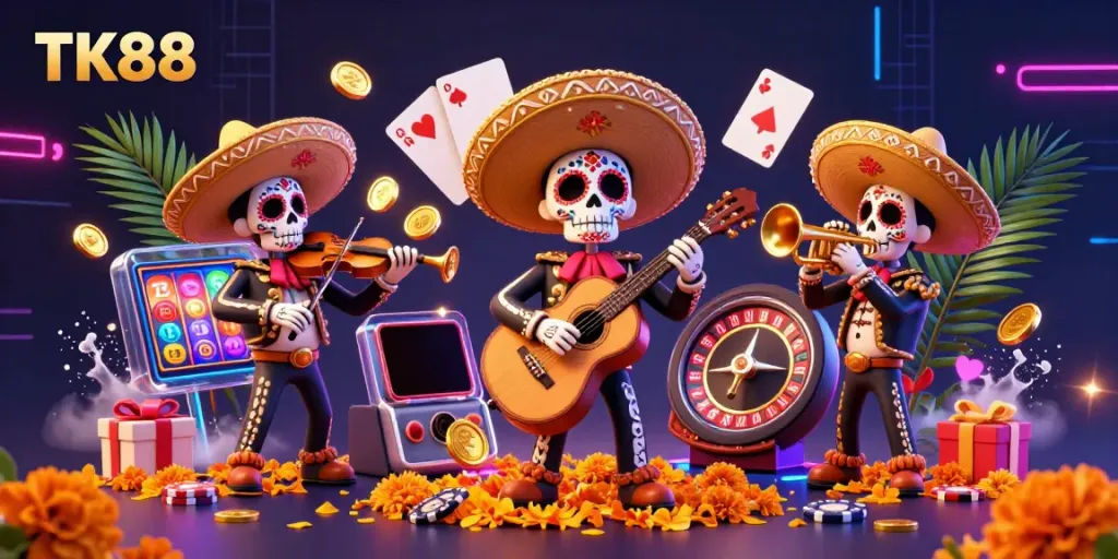 Experience exciting TK88 online casino gaming with vibrant mariachi band and dynamic gaming elements.