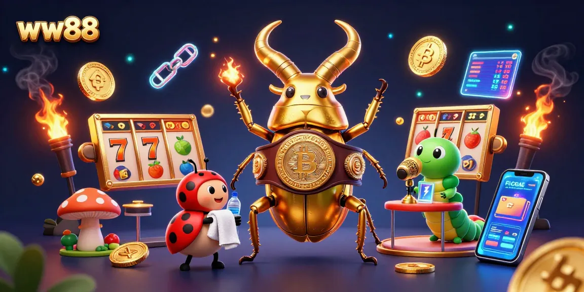 Engage in thrilling slots action with ww88's vibrant illustration showcasing jackpot elements and glowing crypto coins.