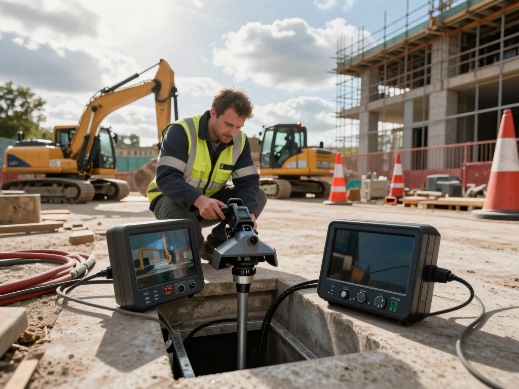 CCTV Drainage Surveyors London conducting drain inspection with advanced technology at a construction site.
