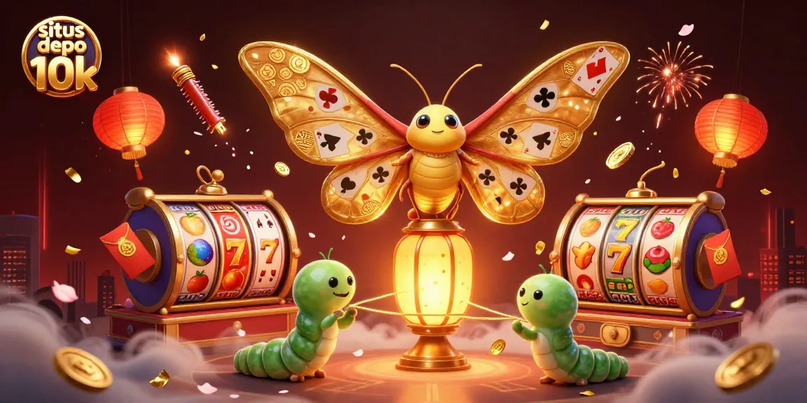 Situs depo 10k showcases vibrant slot reels, glowing lanterns, and an enchanting moth, bringing casino excitement to life.