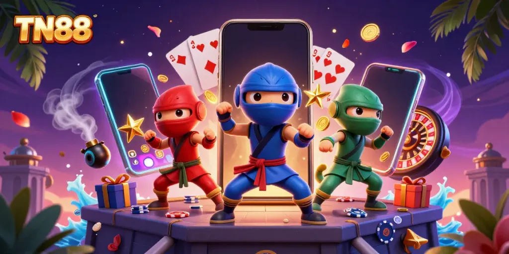 Engaging TN88 casino-themed illustration featuring ninja chameleons, slot games, and casino elements.