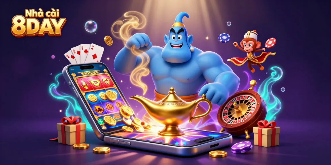 Engage the game with Nhà cái 8DAY featuring a magic genie and gaming elements in a vibrant scene.