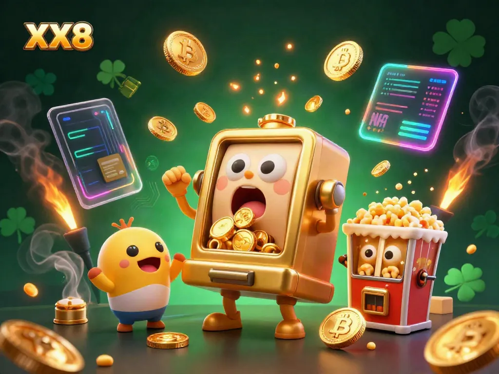 Experience jackpot excitement with XX8's animated slot machine celebrating wins.