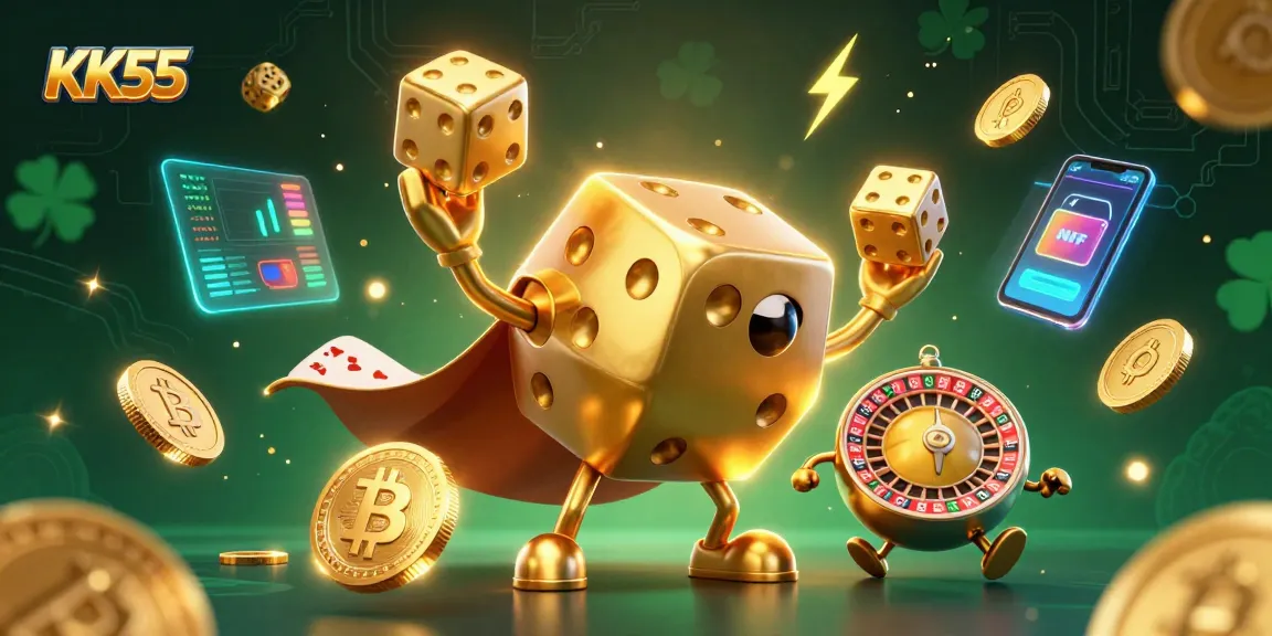 KK55 characters roll golden dice and showcase Bitcoin elements in a vibrant casino scene