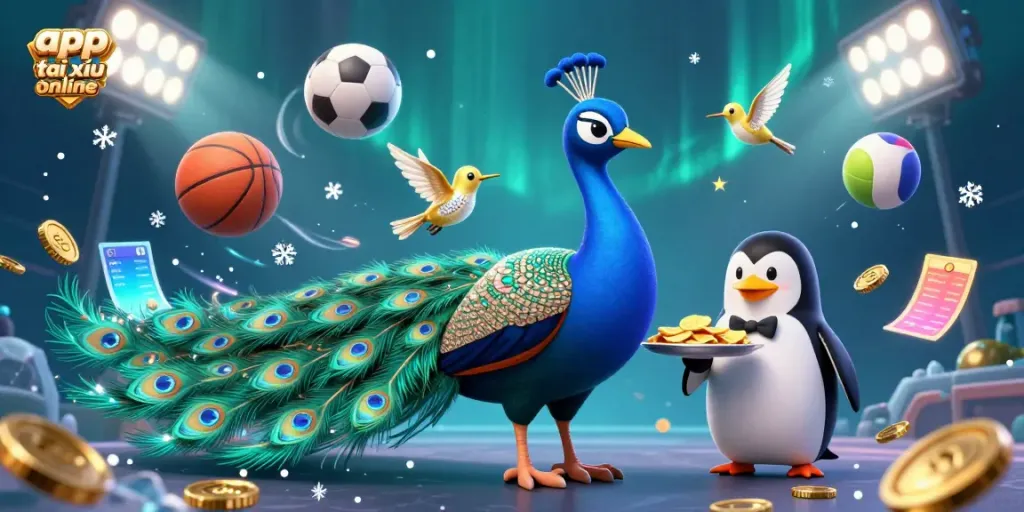 Experience the excitement of app tài xỉu online with a vibrant 3D illustration featuring a peacock, butler, and hummingbird.