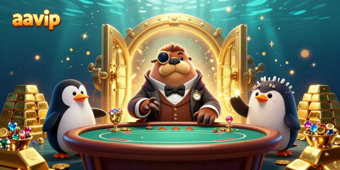 AAVIP features a jolly walrus, penguin dealer, and bluffing pufferfish at a vibrant underwater poker table.