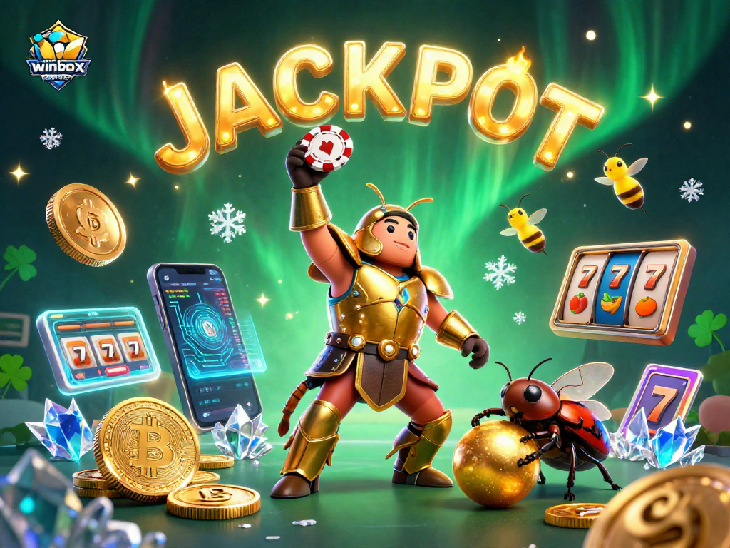 Join the fun with winbox register, featuring a Hercules beetle in victory pose amidst casino elements.