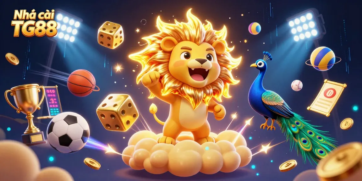Engage with Nhà cái TG88's thrilling gameplay as a roaring sun lion stands triumphantly amidst dynamic sports elements and golden prizes.