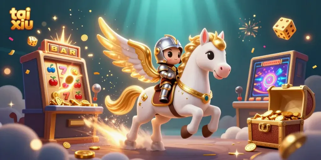 Experience the excitement of tai xiu with a vivid illustration of a celestial horse amidst casino symbols and games.