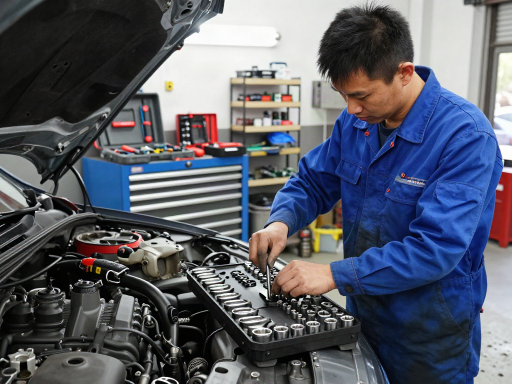Koken tools UK displayed in a professional automotive workshop with a mechanic using a socket set