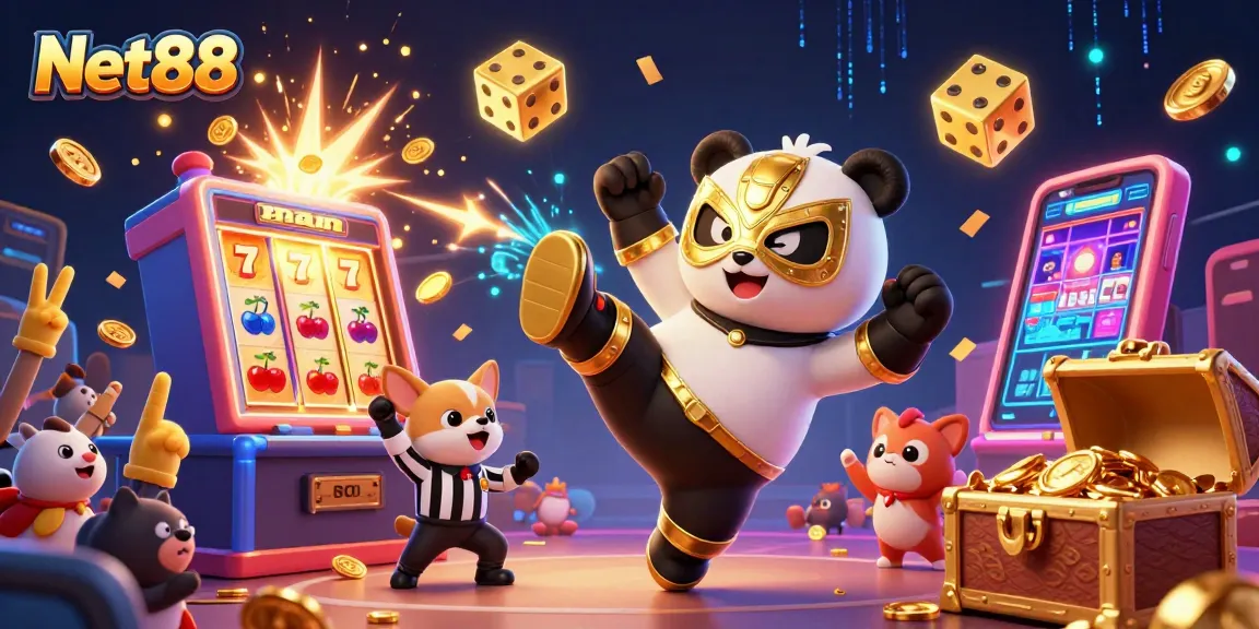 Witness the Net88 excitement with a panda wrestler in action among vibrant casino elements.