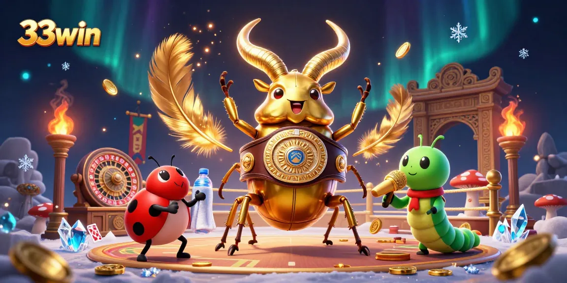 Engage with 33win's vibrant casino game scene featuring a boxing beetle and dynamic casino elements.