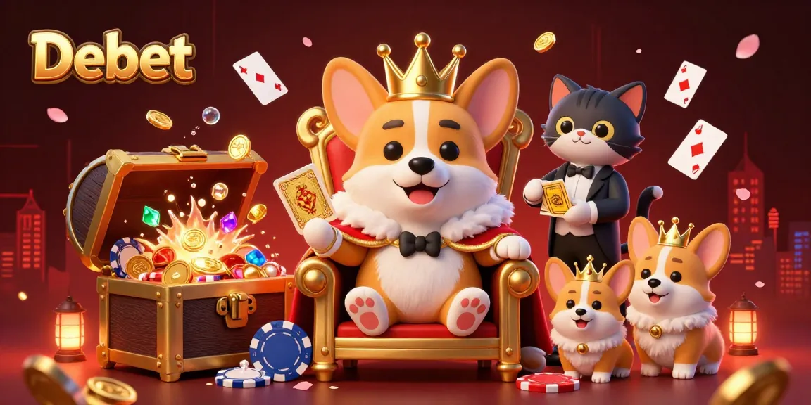 Debet offers a vibrant and engaging casino atmosphere with a royal corgi in a poker-themed landscape.