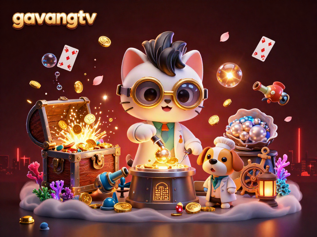 Experience the excitement of gambling with gavangtv's animated scene of a mad scientist cat and dog creating riches.