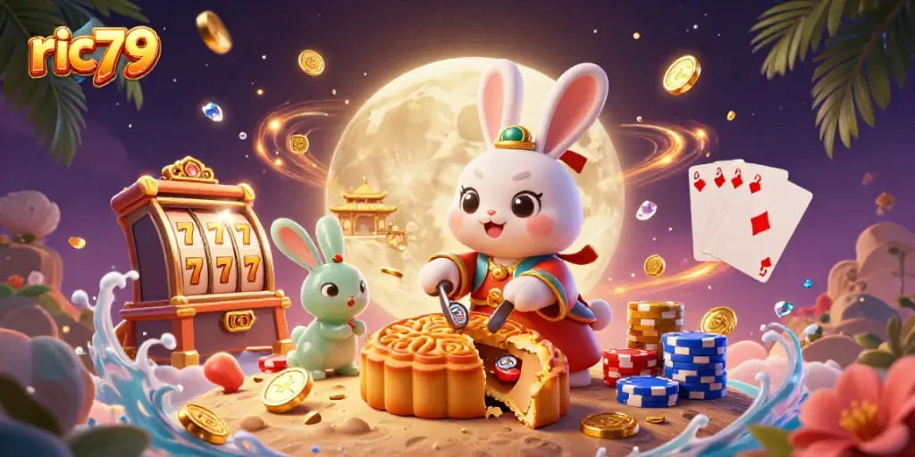 Experience the magic of ric79 with the cartoon moon rabbit and gaming elements in a vibrant casino scene.