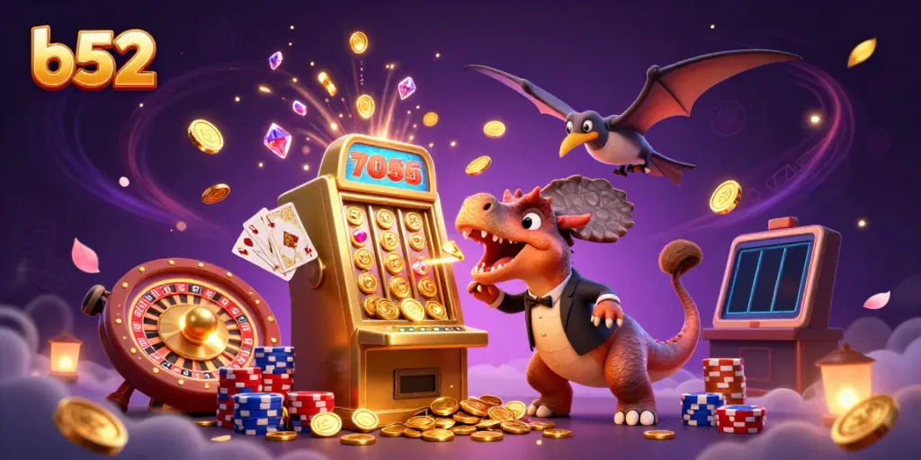 B52 engages players with a cartoon dinosaur slot machine win and cascading jackpot coins in a vibrant casino.