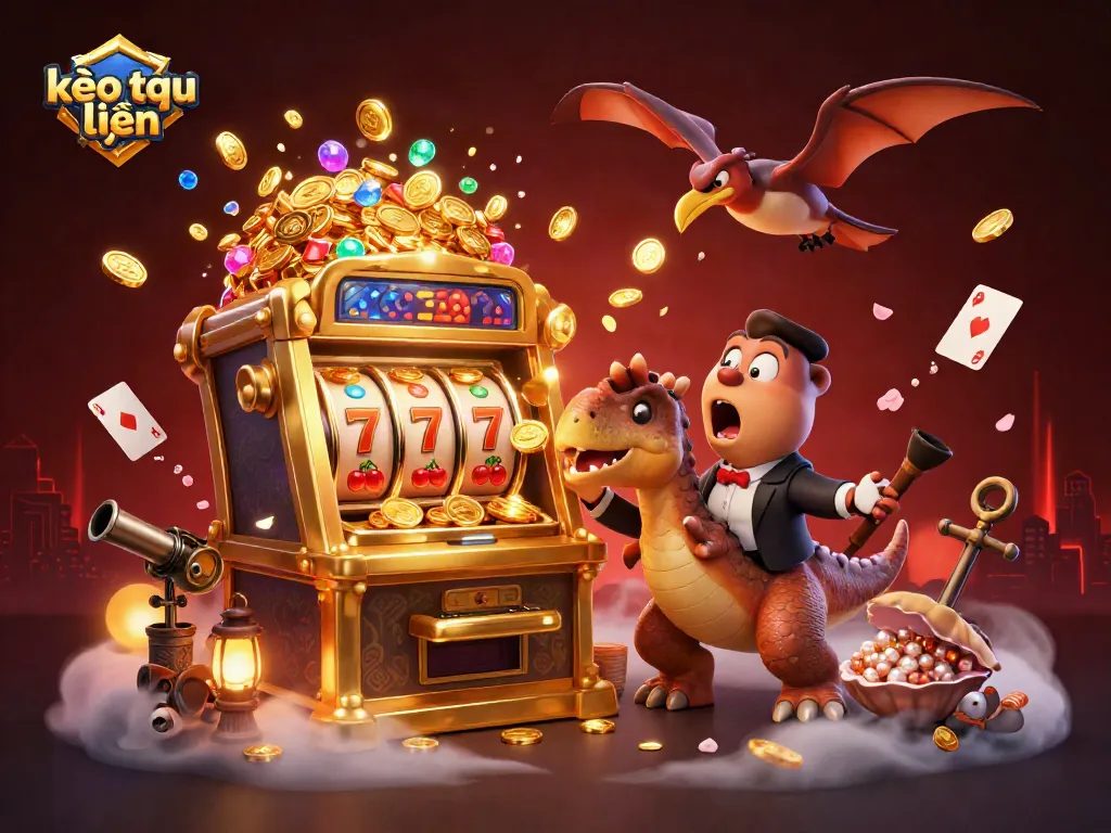 Win big with kèo trực tuyến in this vibrant 3D casino scene featuring dynamic characters and slot machines.